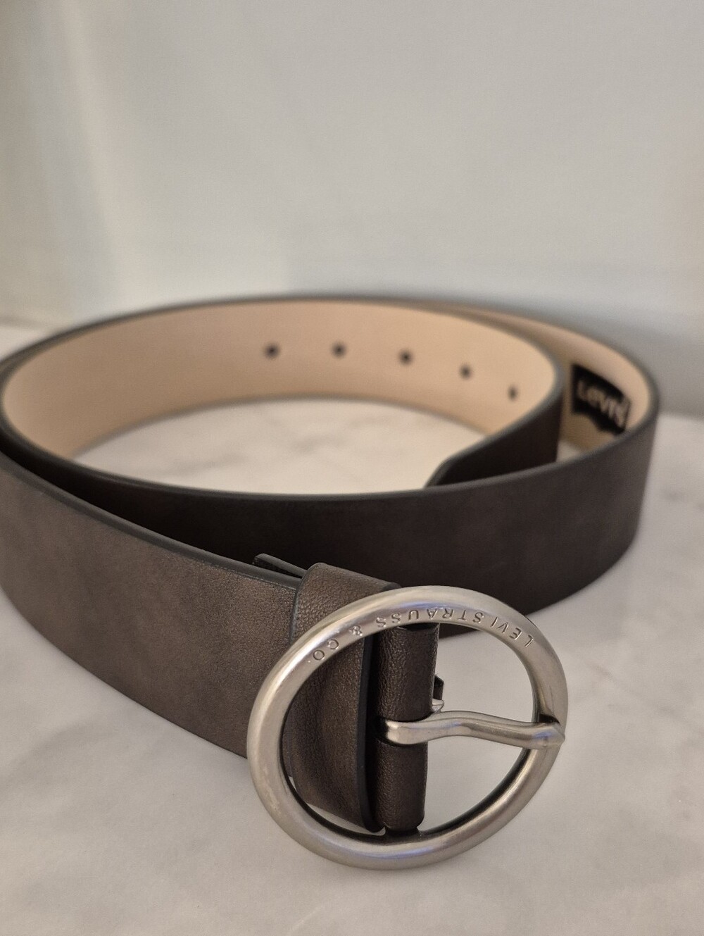 Levi's Women's Medium Dark Brown Faux Leather Belt with Round Silver Buckle